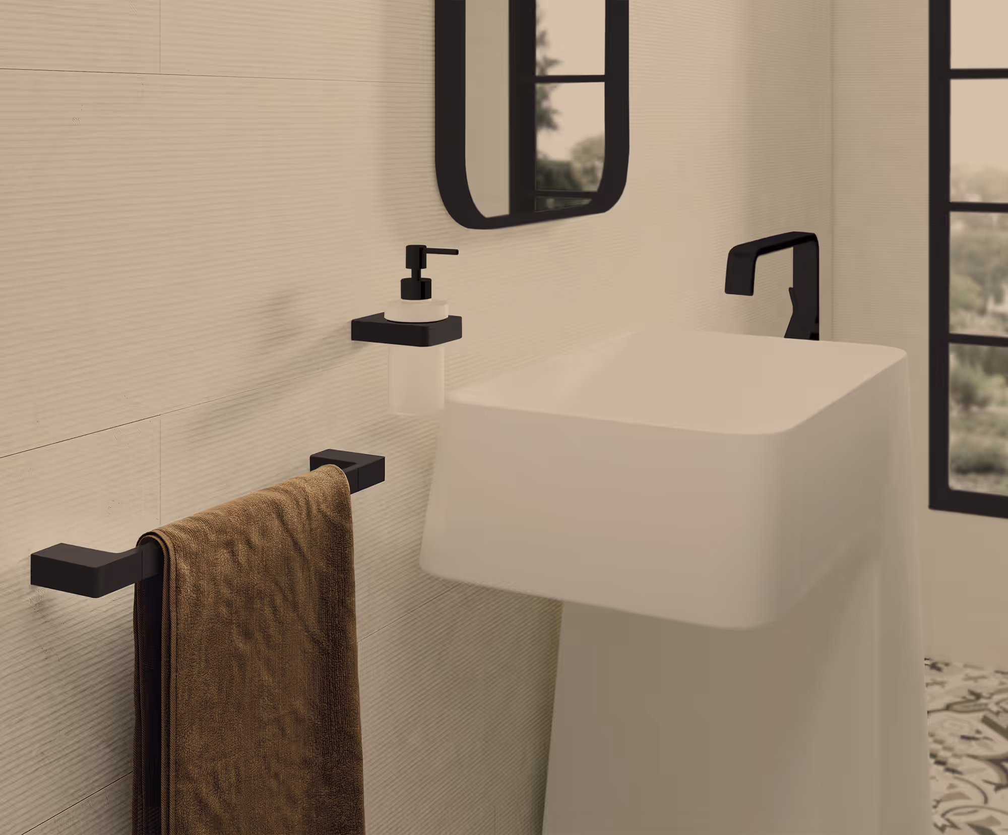 Hotel bathroom washbasin area with towel rack and gel dispenser